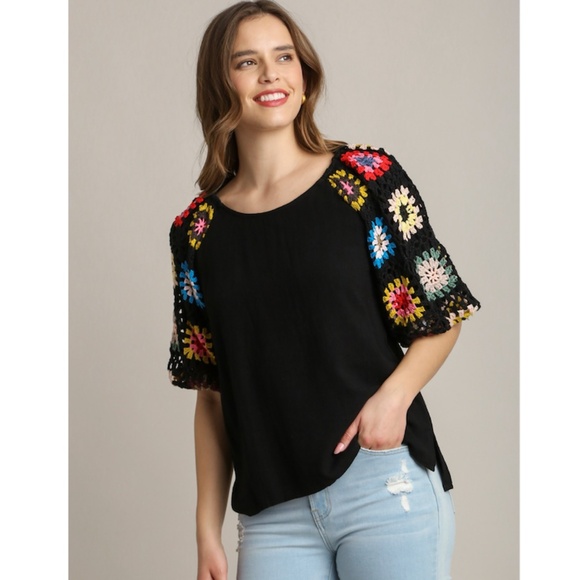 Umgee Black Blouse with Colorful Crochet Sleeves - Picture 1 of 2